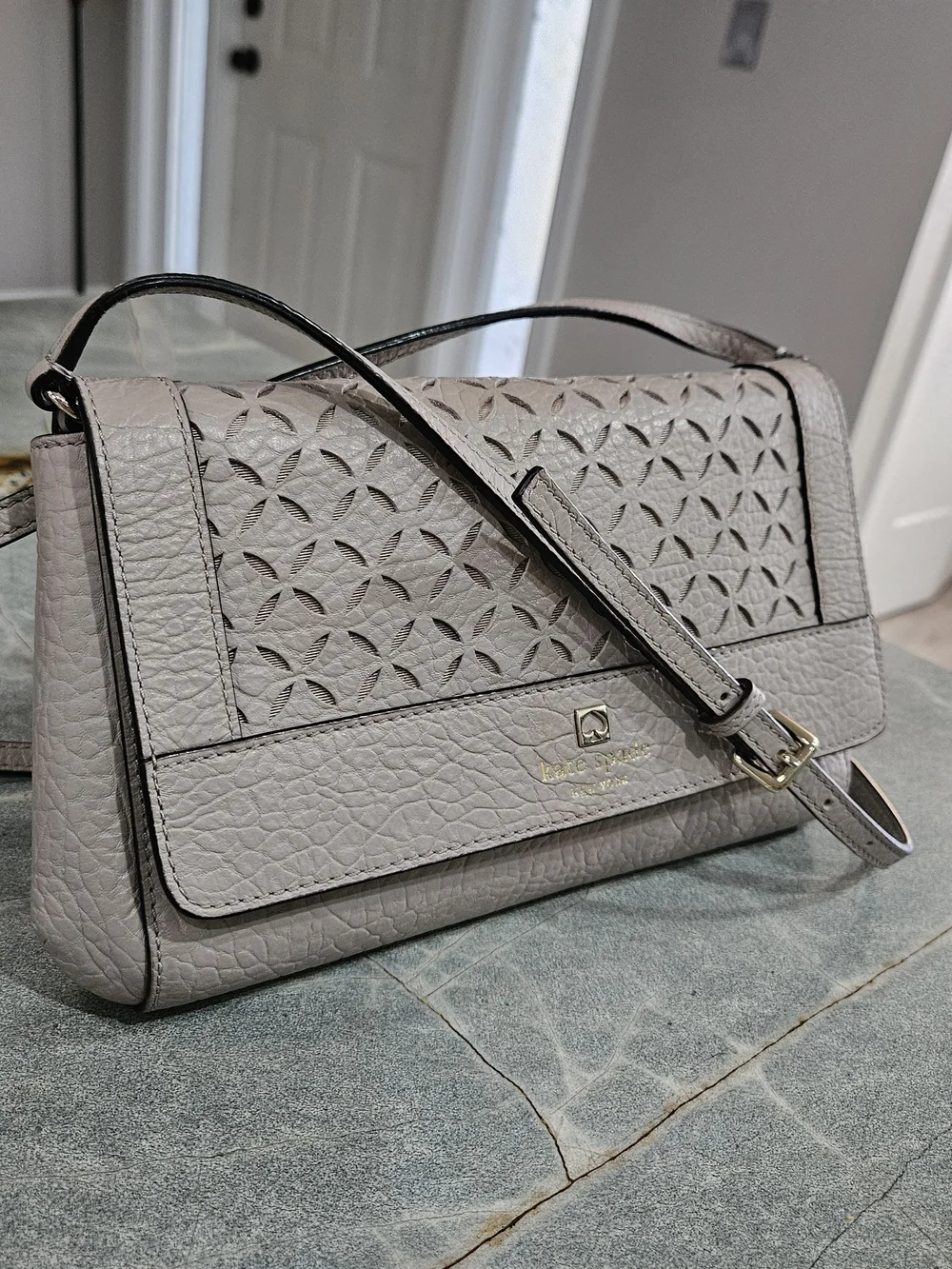 NWOT Kate Spade Gray Laser Cut Leather Crossbody Shoulder Bag